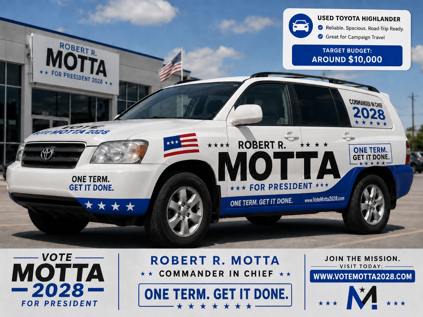 Concept image of a bright white Toyota Highlander with Robert R. Motta for President 2028 campaign graphics, including a small red-white-blue American flag accent.